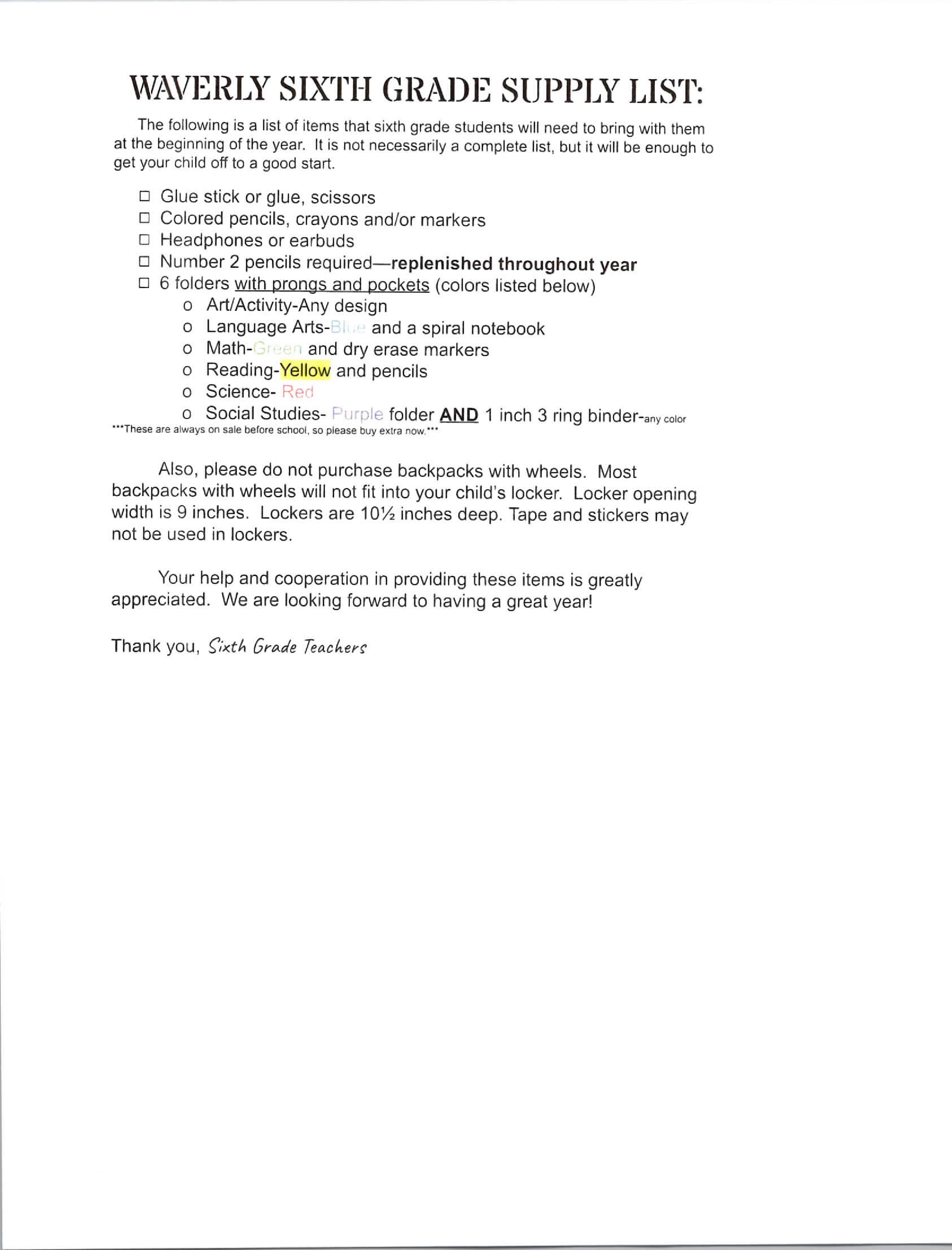 Sixth Grade Supply List