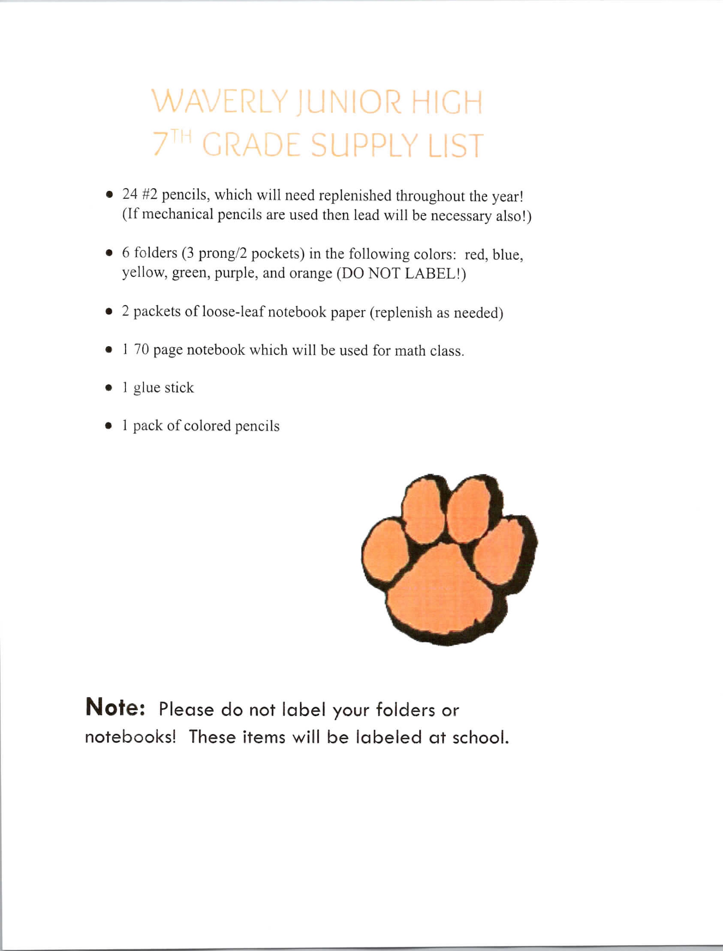 Seventh Grade Supply List