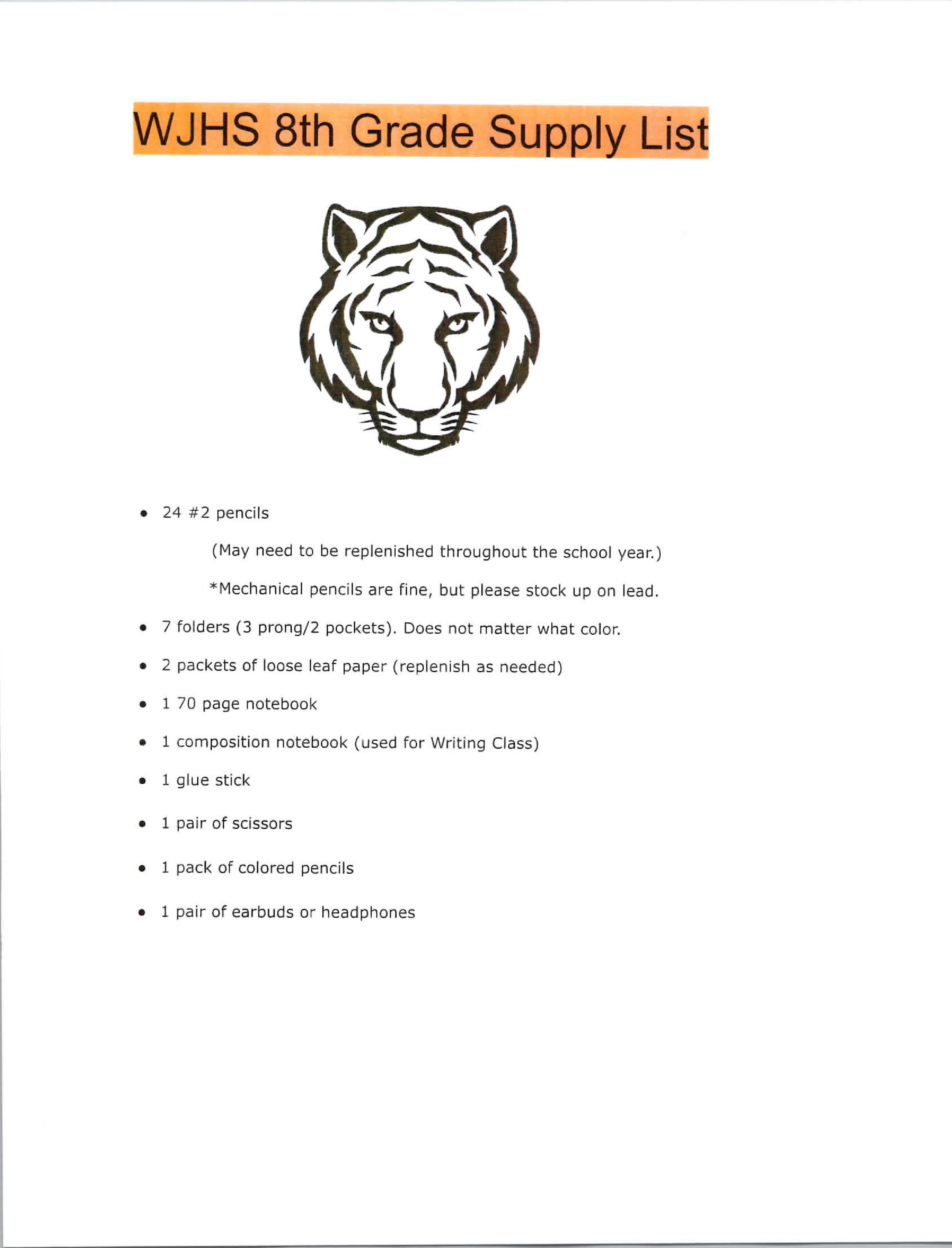 Eighth Grade Supply List