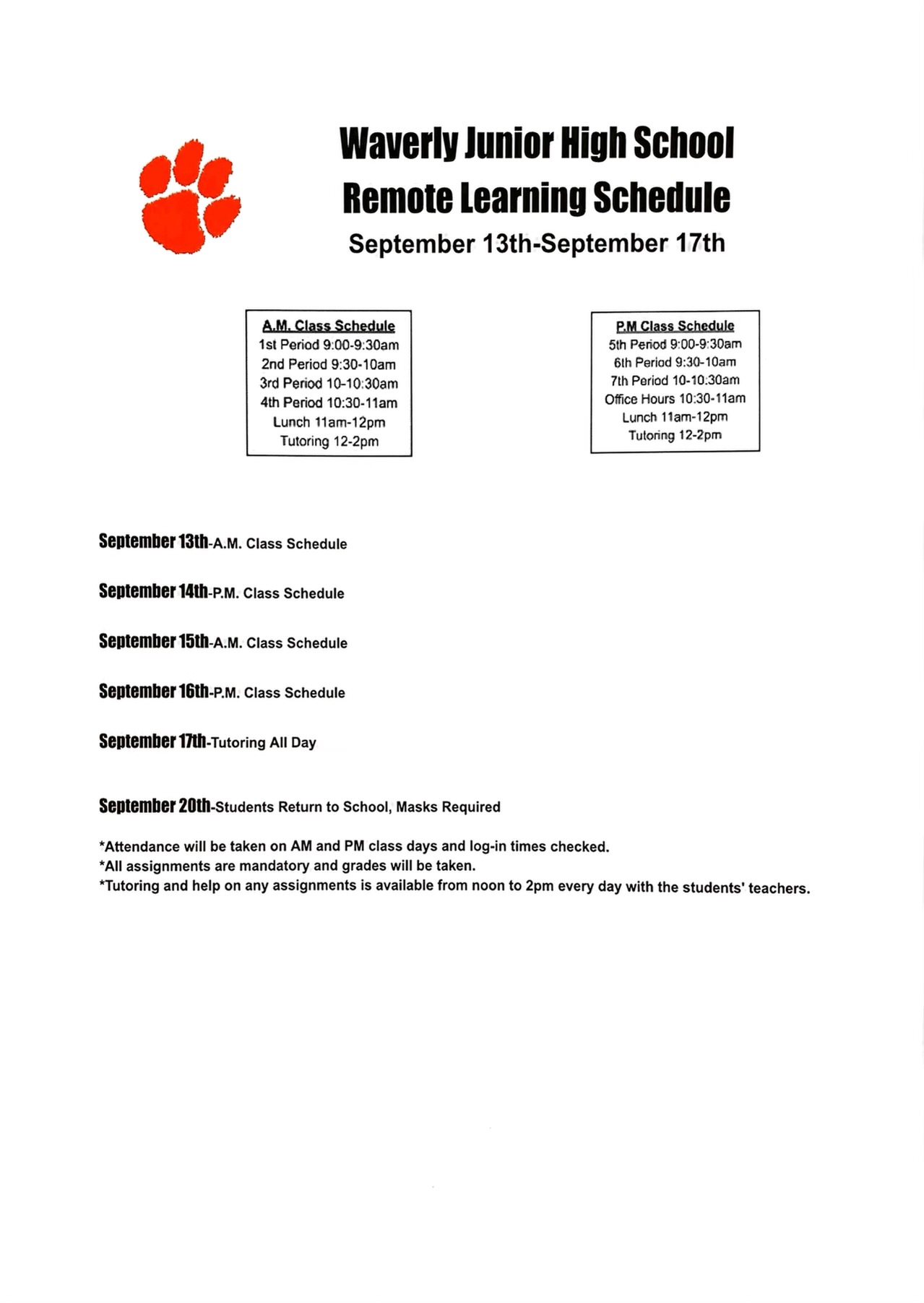 Jr High Remote Learning Schedule