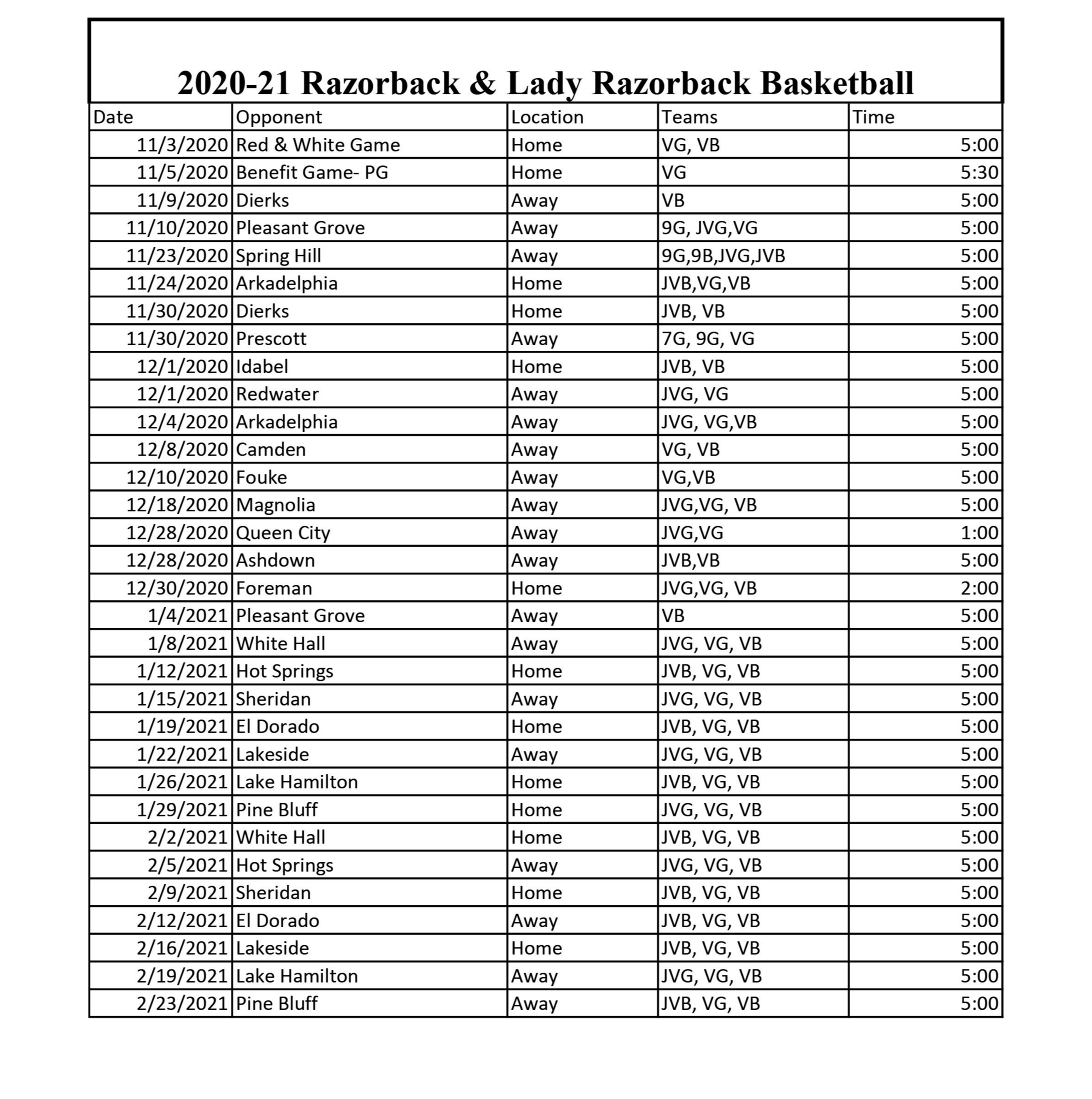 20-21 Basketball scheulde