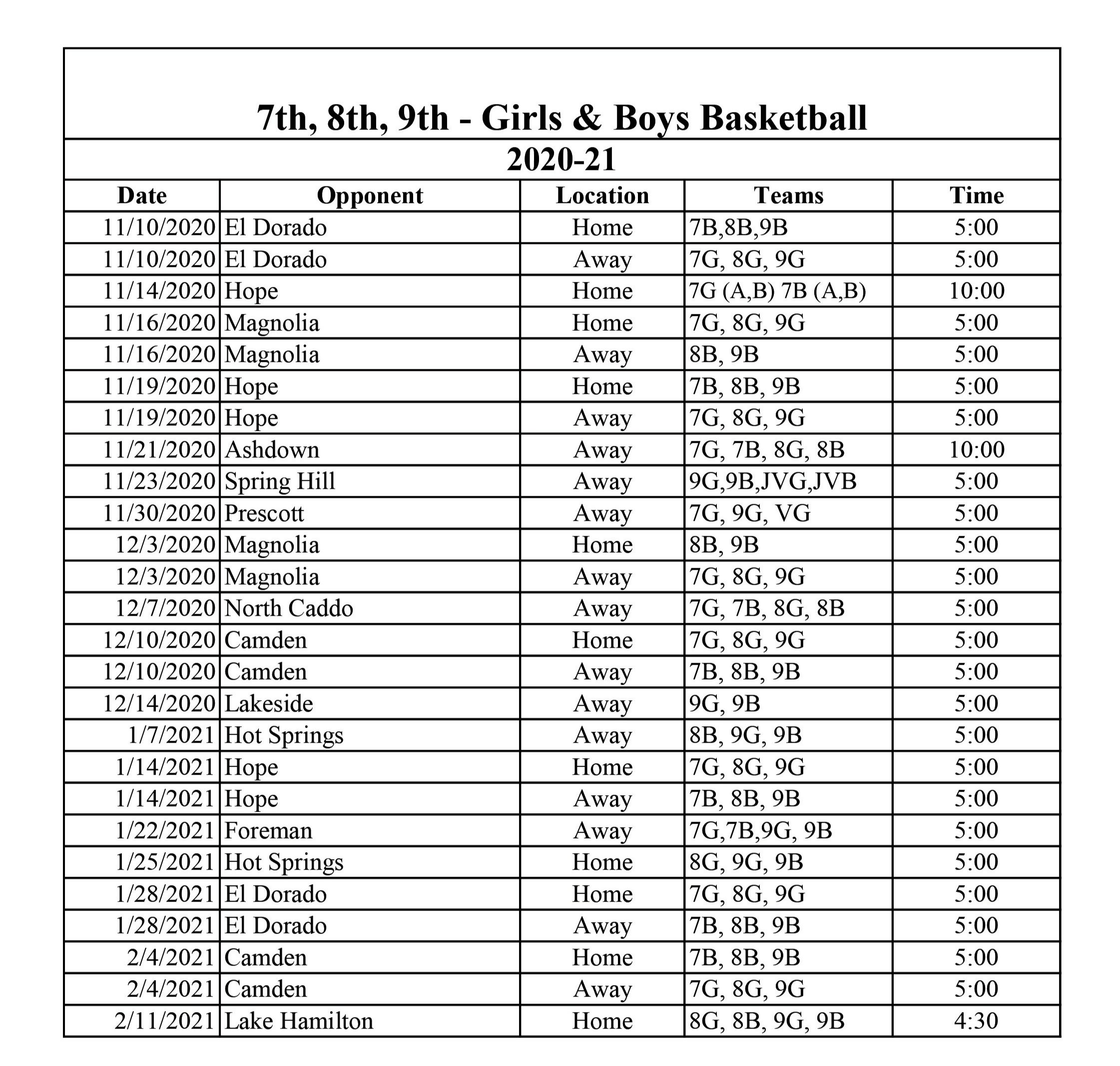 7th, 8th & 9th Grade Schedule