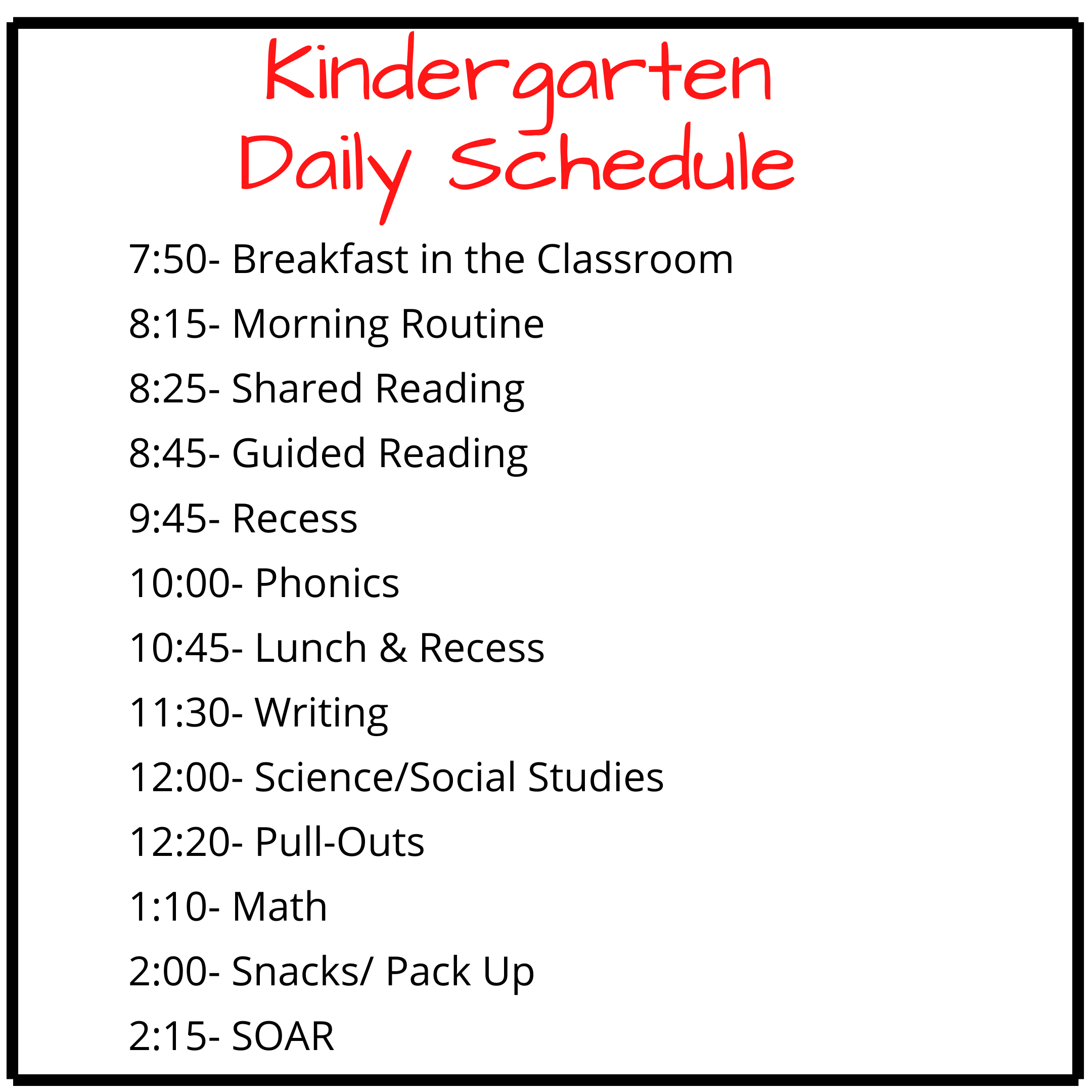 Kindergarten Daily Schedule