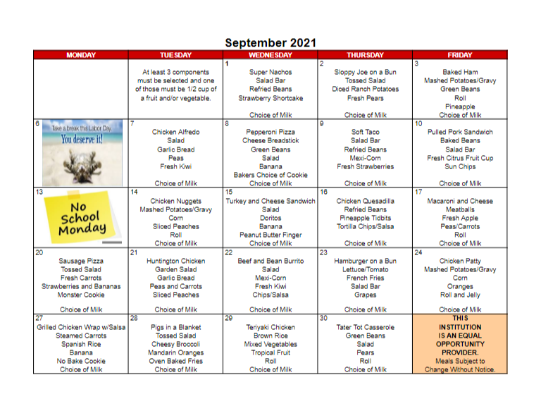 September 2021 Lunch Menu