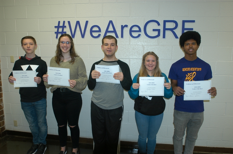 LEFT TO RIGHT: JEREMY LAPPIN (FR.), GRACE ADDIS (SOPH.), COLEMAN NEAL (JR.), JACKLYNN TAYLOR (JR.), MARRICO JACKSON (SR.)