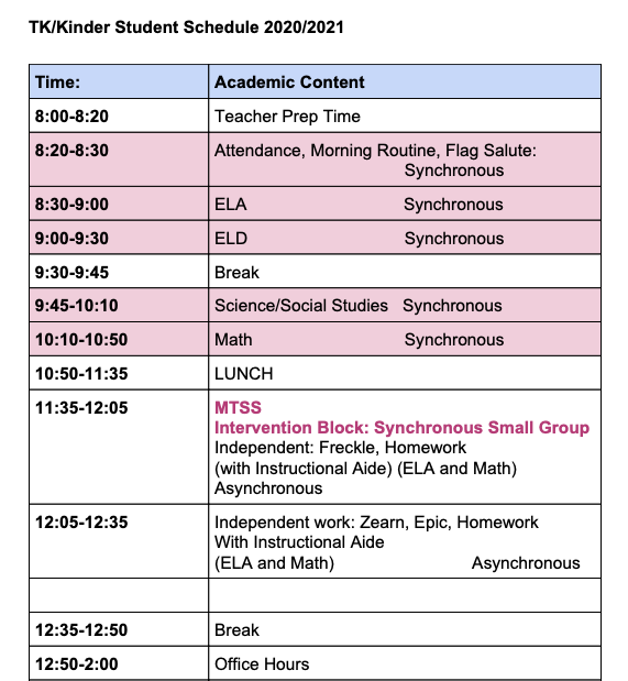 TK/Kinder Student Schedule 2020-2021