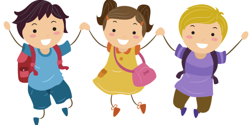 3 cartoon kids holding hands jumping in the air