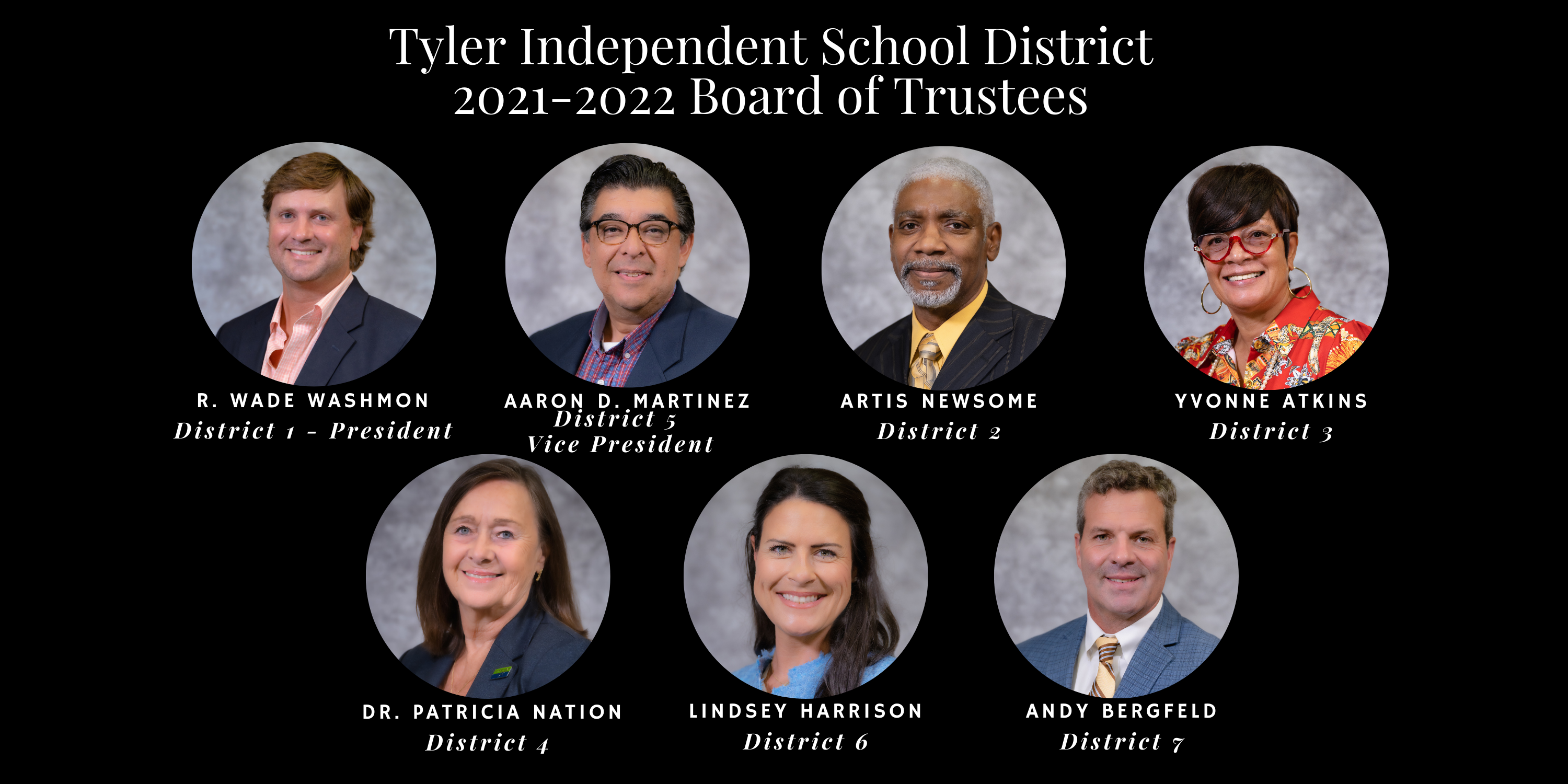 Tyler Independent School District 2021-2022 Board of Trustees. R. Wade Washmon District 1 - President, Aaron Martinez District 5 – Vice President, Artis Newsome District 2, Yvonne Atkins District 3, Dr. Patricia Nation District 4, Lindsey Harrison District 6, Andy Bergfeld District 7