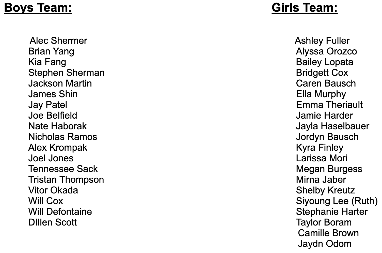 Boys and girls team rosters