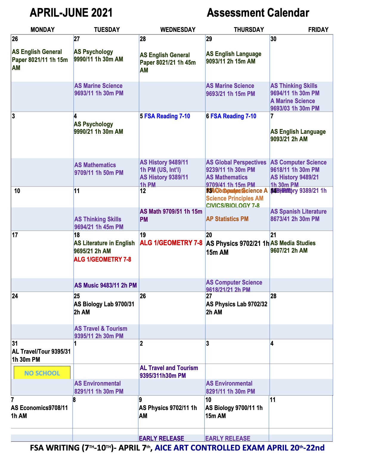 Spring 2021 Testing calendar