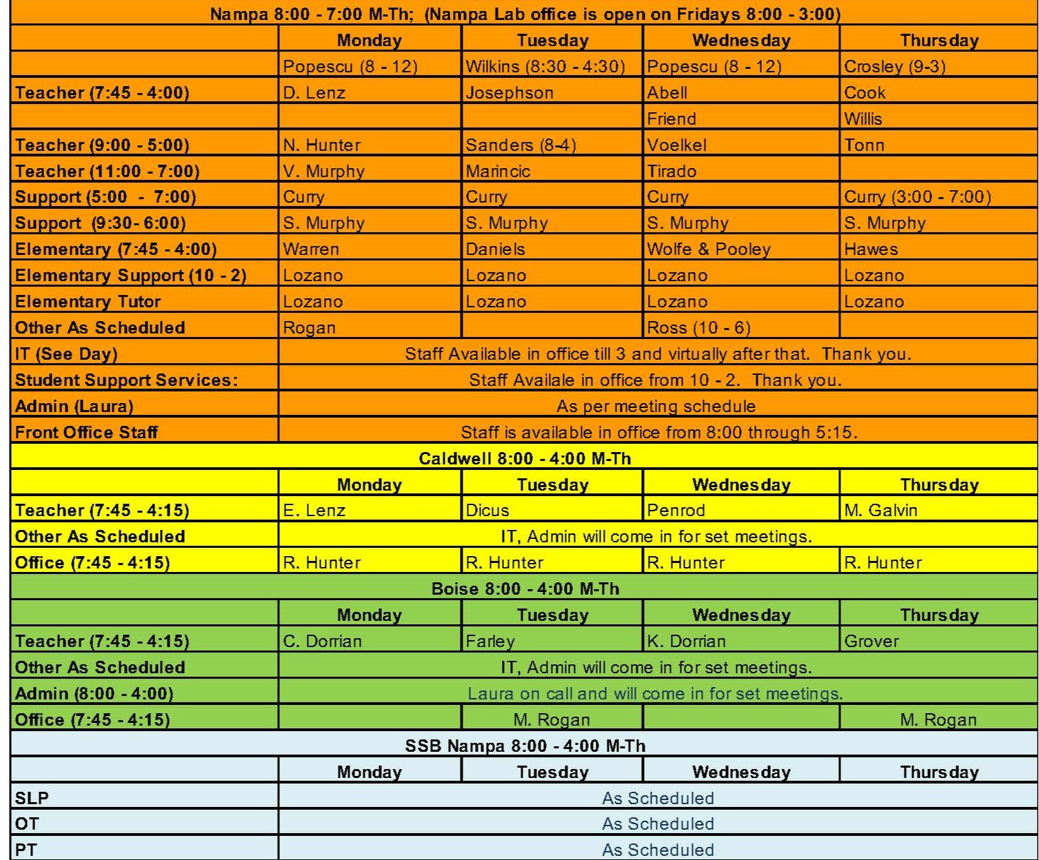 Computer Lab Schedule across campuses