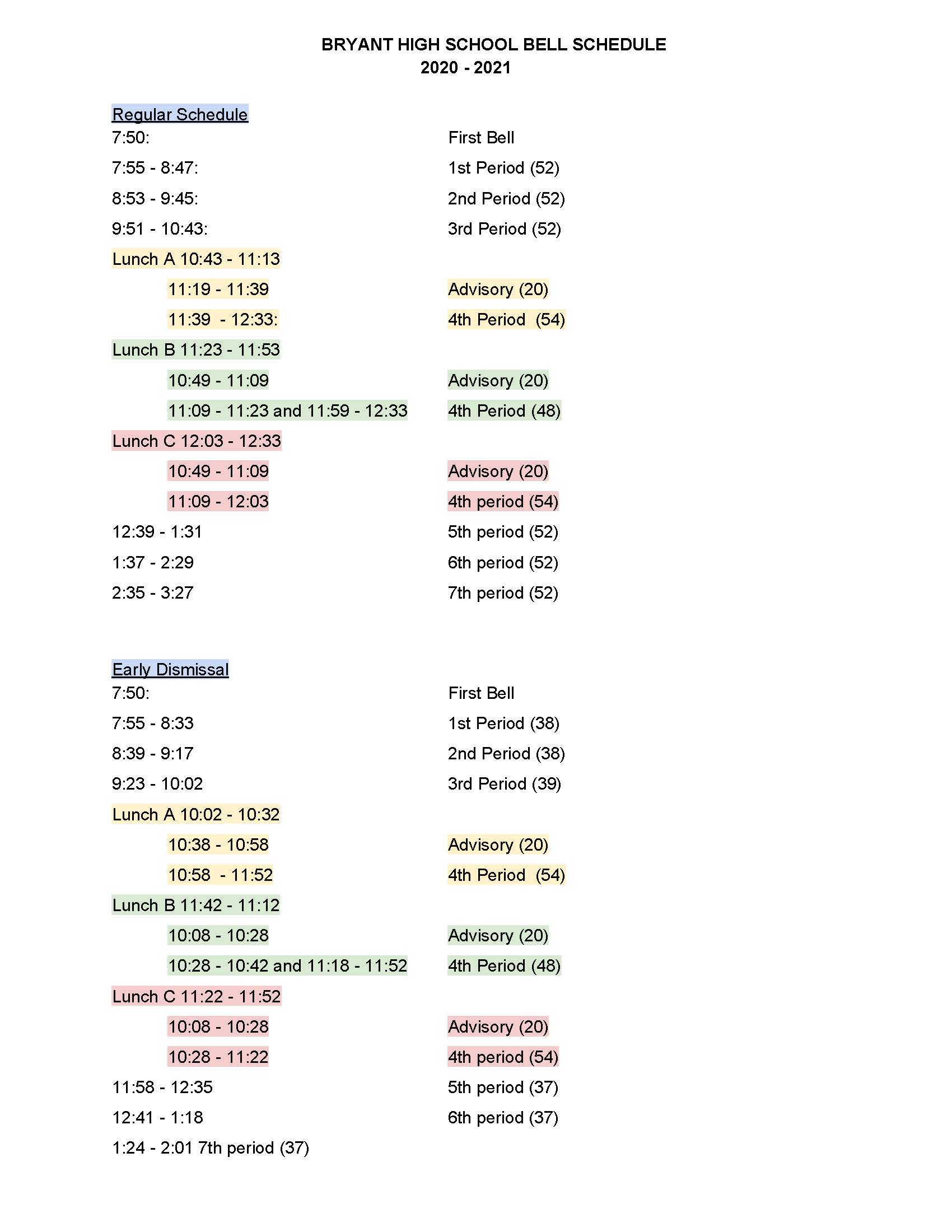 BHS Bell Schedule Bryant Public Schools