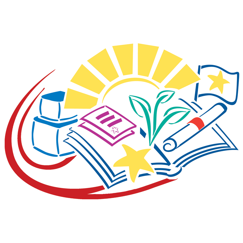 A drawing of an open book with stars and a sun coming out behind it
