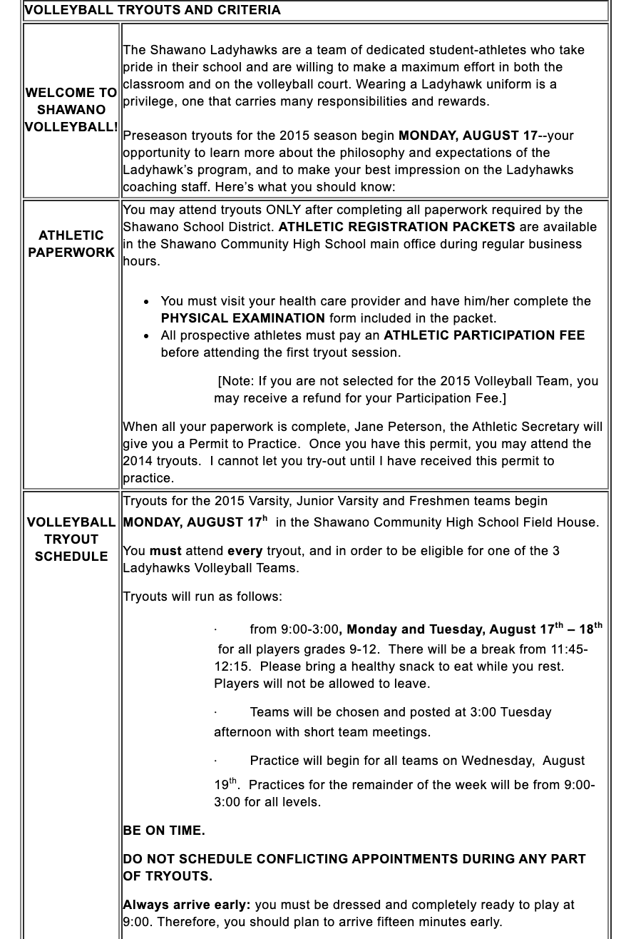 Tryout Info