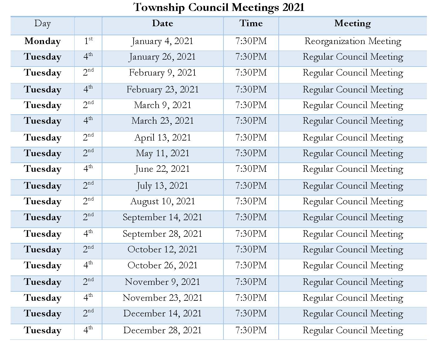 2021 Township Council Meeting schedule