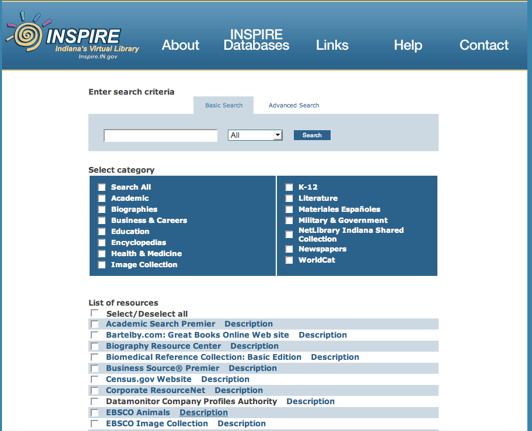 2. Under “INSPIRE Databases”, click on “Search”. 3. Scroll down the list of databases and click on Middle Search® Plus.