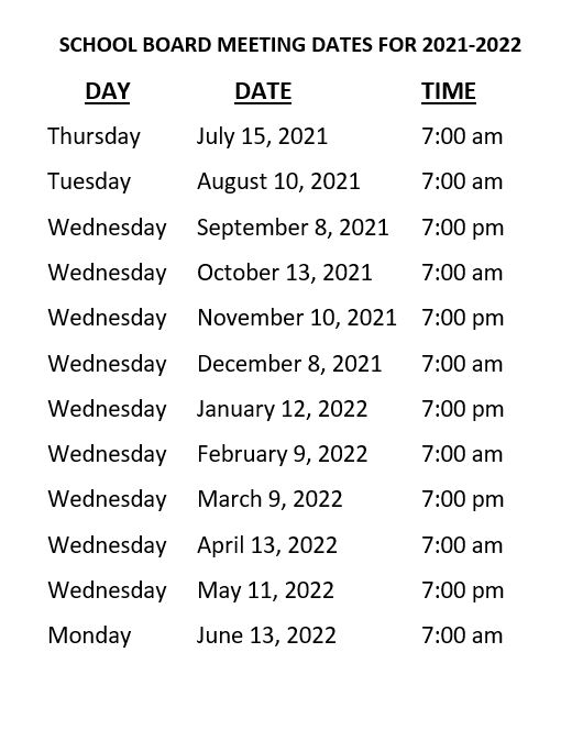 school board meeting dates 21.22