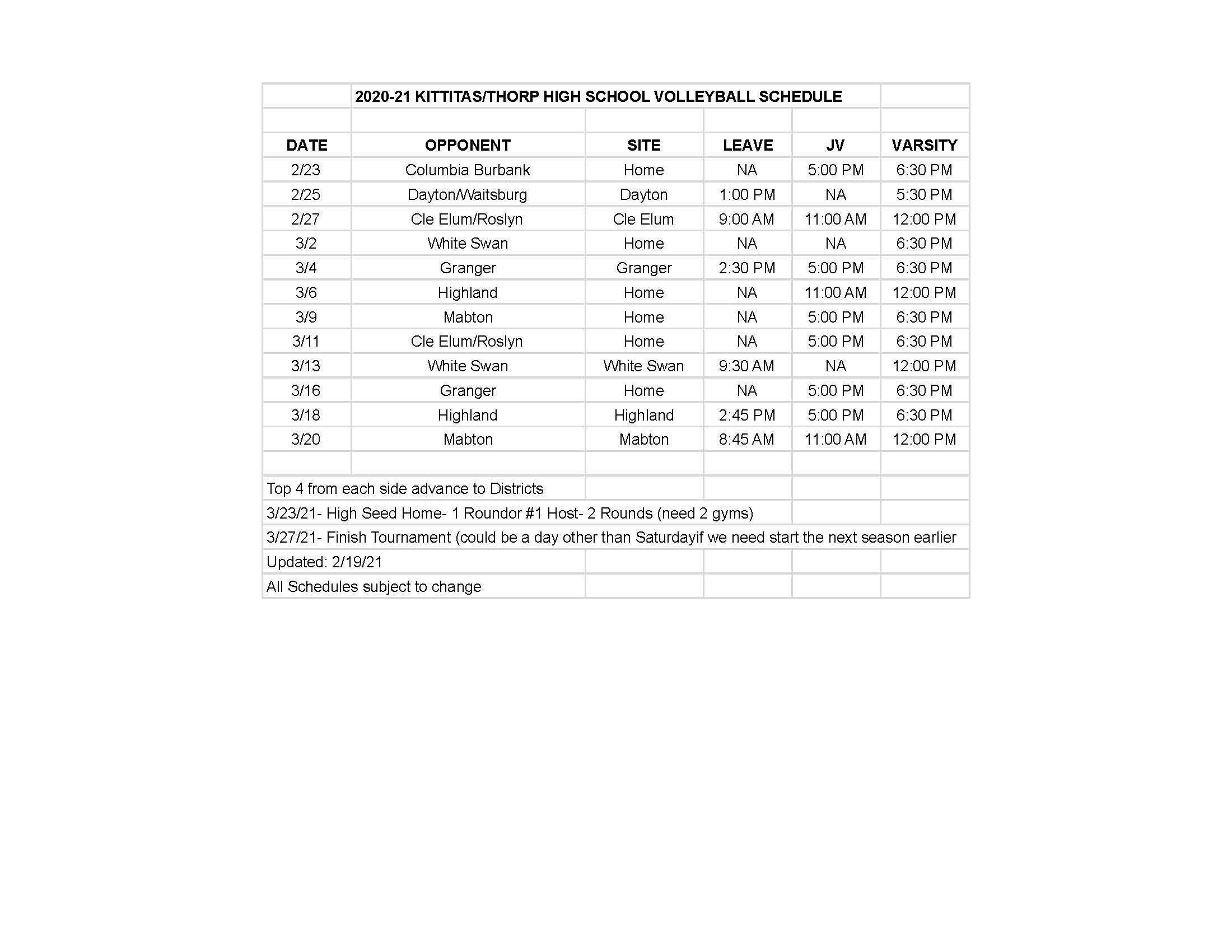 Revised HS Volleyball Schedule