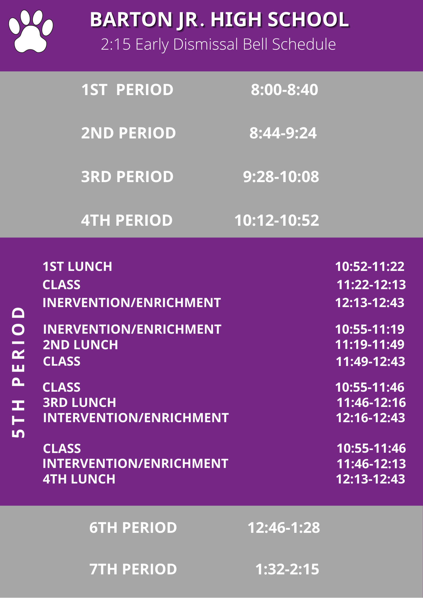 Bell Schedules Barton Jr. High