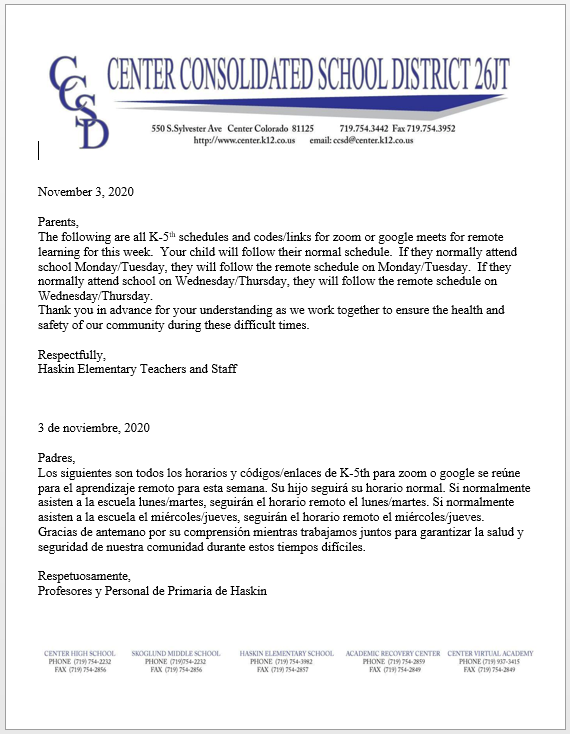 HASKIN ELEMENTARY REMOTE LEARNING SCHEDULES AND LINKS