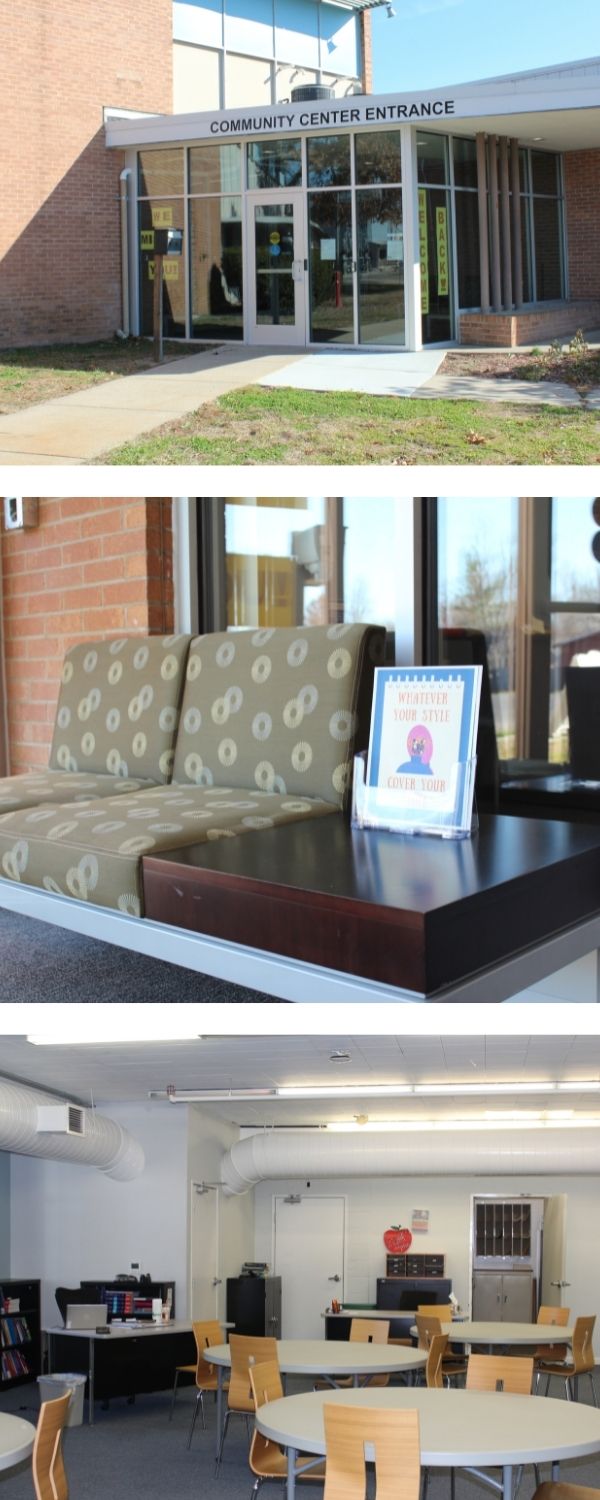 Pictures of Community Center (exterior picture, picture of classroom with desks, chairs and round tables and front entrance picture of benches)
