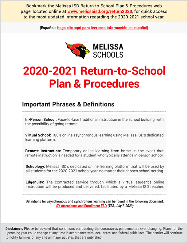 Page 1 of the 2020-2021 Return to School Plan