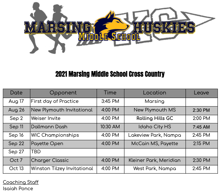 2021 MS Cross Country Schedule