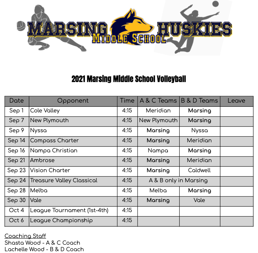 2021 MS Volleyball Schedule