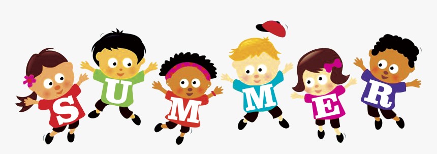 Images of kids with letters on shirts spelling summer