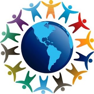 Picture of stick figures holding hands surrounding a globe