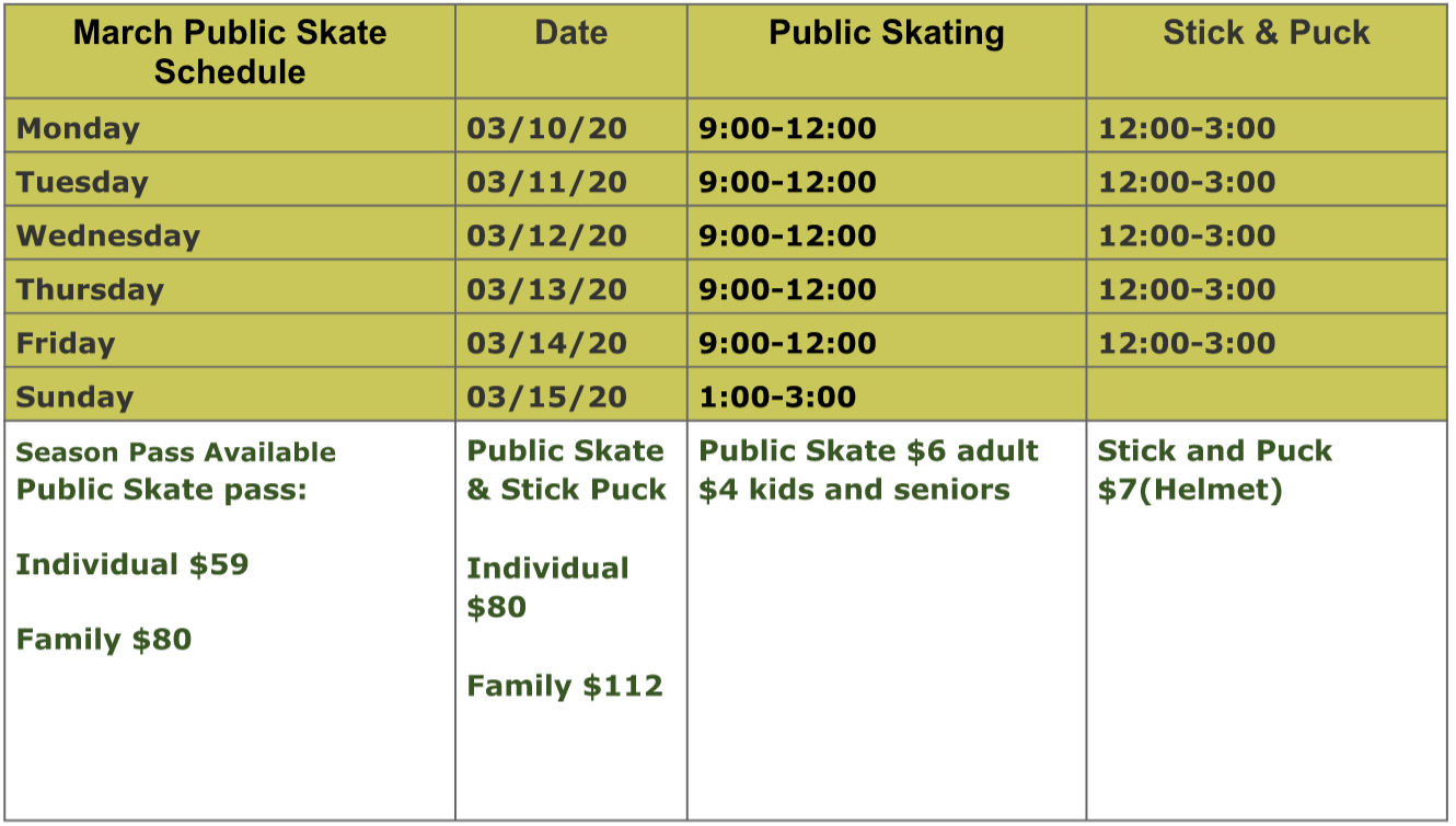 PUBLIC SKATE & STICK & PUCK SCHEDULE