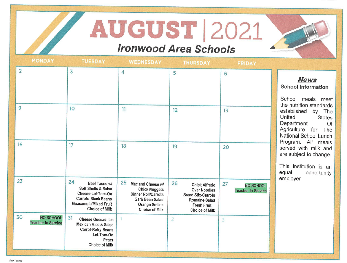 August Lunch Menu 2021