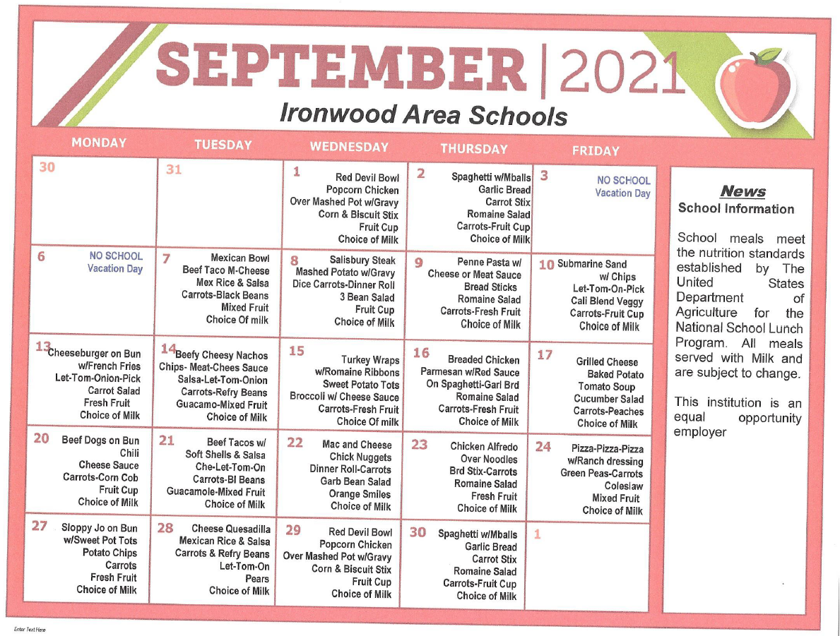 September Lunch Menu 2021