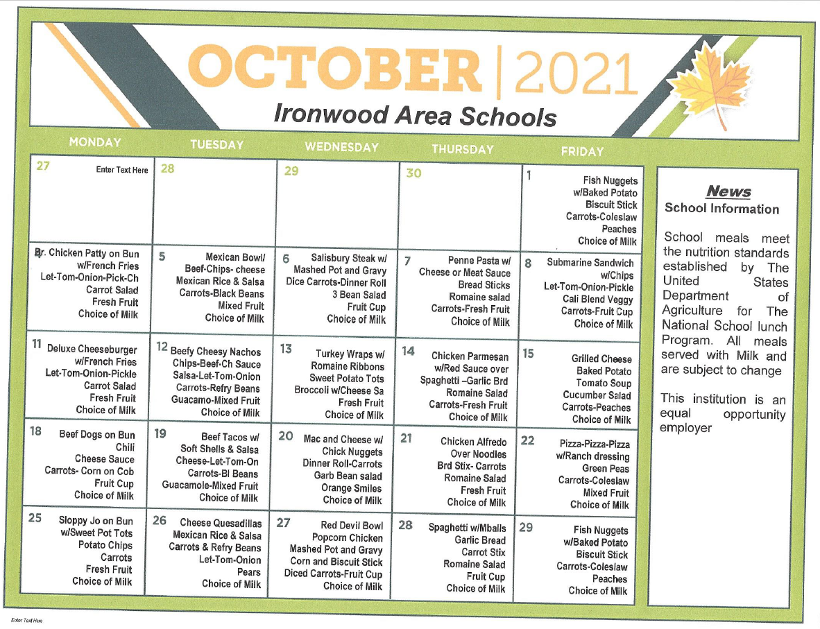 October Lunch Menu 2021
