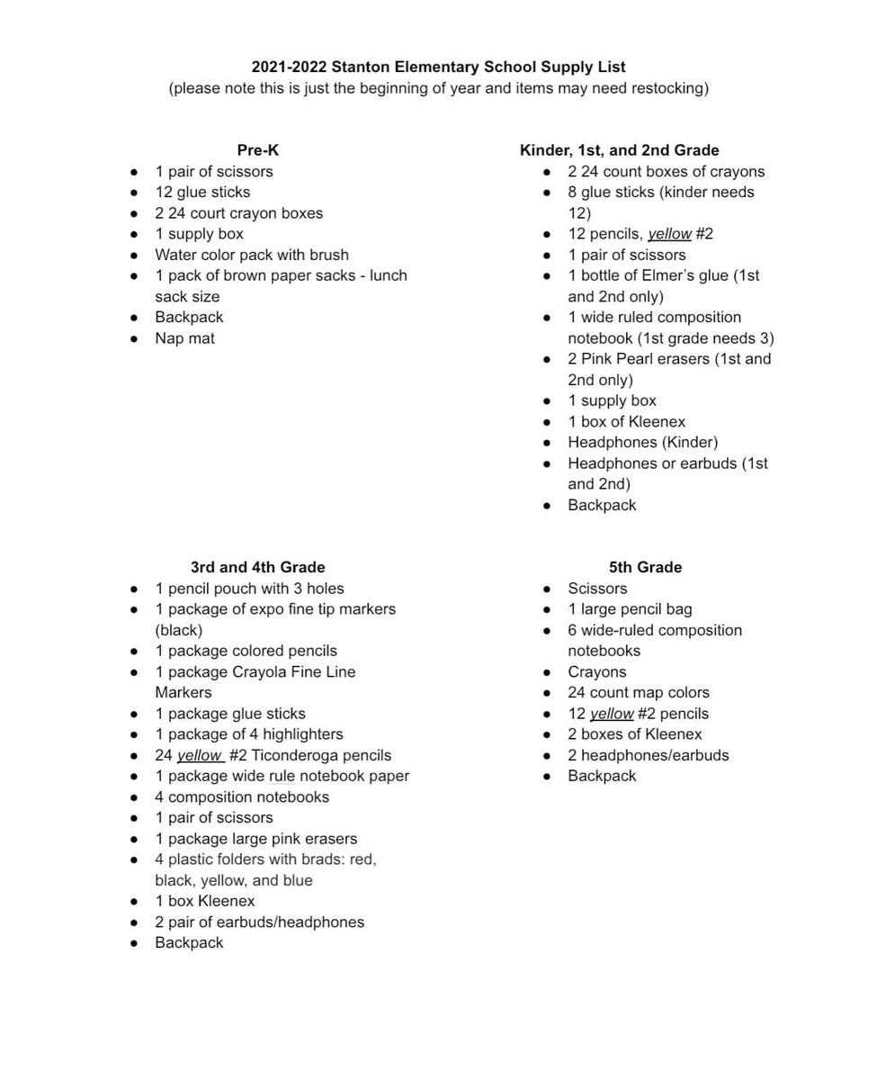 2021-2022 Stanton Elementary School Supply List