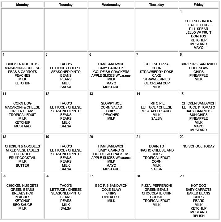 October Lunch Menu